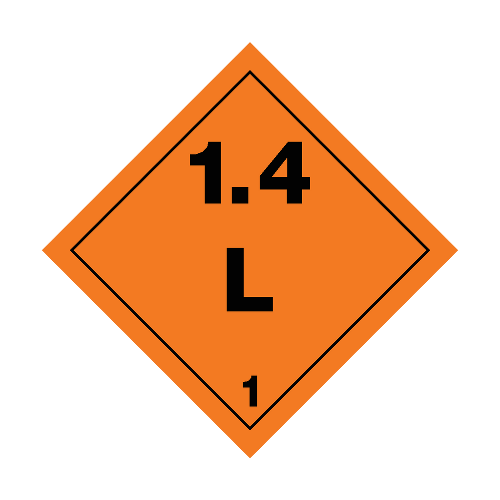 Self-adhesive Class 1.4 Explosives L sticker from Safety-Label.co.uk with bold red and black hazard symbols for safety labeling