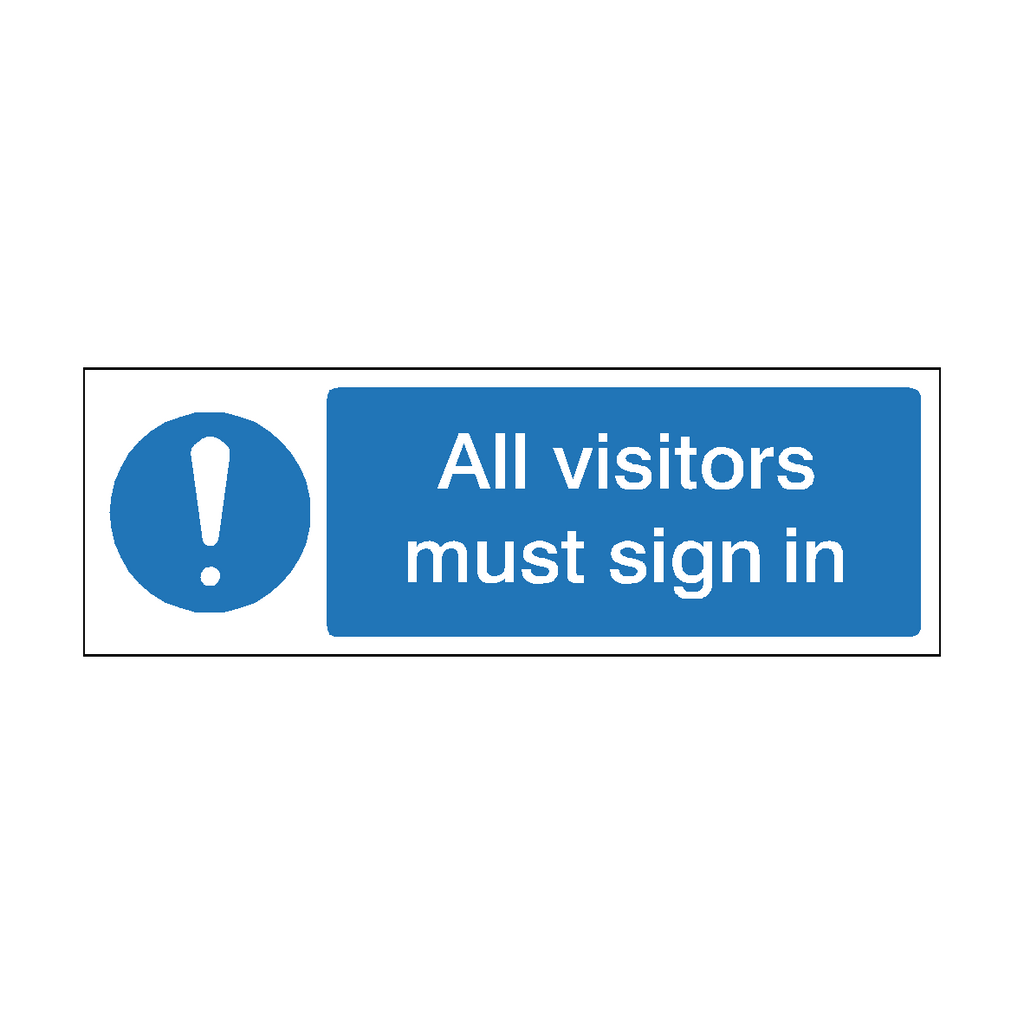 Self-adhesive "All Visitors Must Sign In" label by Safety-Label.co.uk, clear signage sticker for visitor management.
