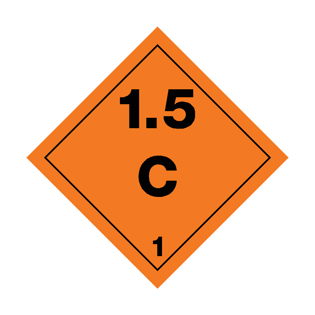 Self-adhesive Class 1.5 Explosives C sticker from Safety-Label.co.uk showing warning label with bold text and hazard symbols.