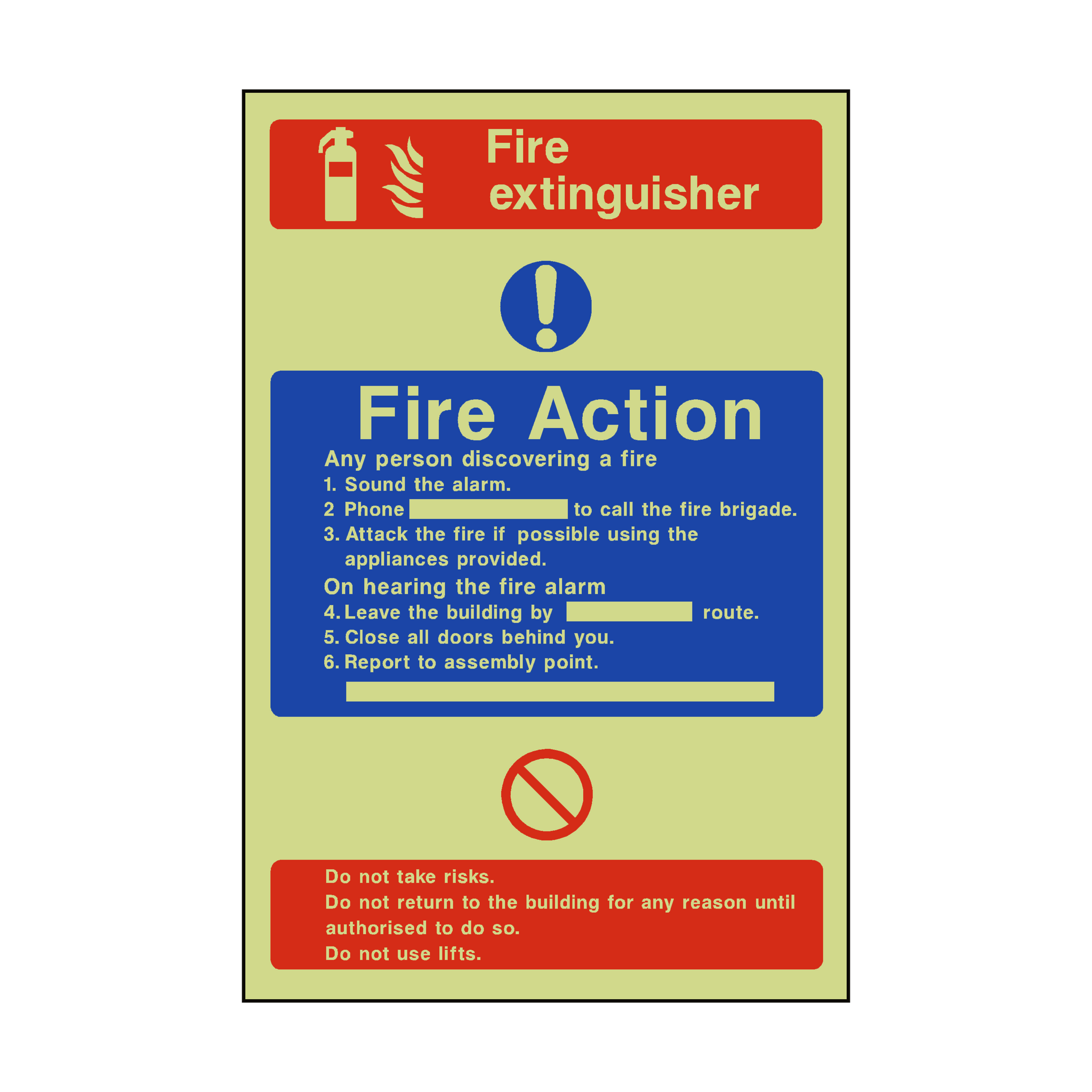 Fire Action Fire Extinguisher Photoluminescent Sign SafetyLabel.co.uk