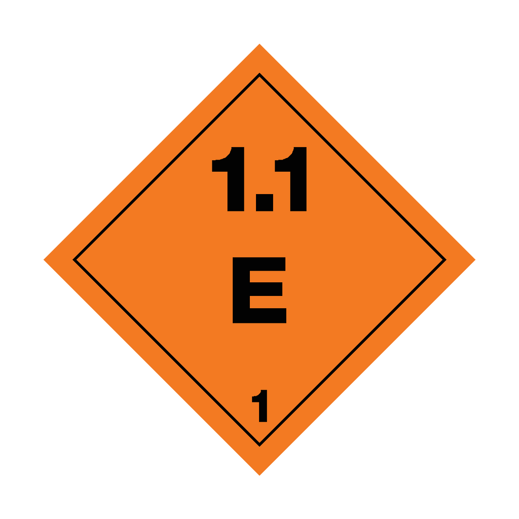 Self-adhesive Class 1.1 Explosives E safety sticker from Safety-Label.co.uk with warning symbol and bold text.