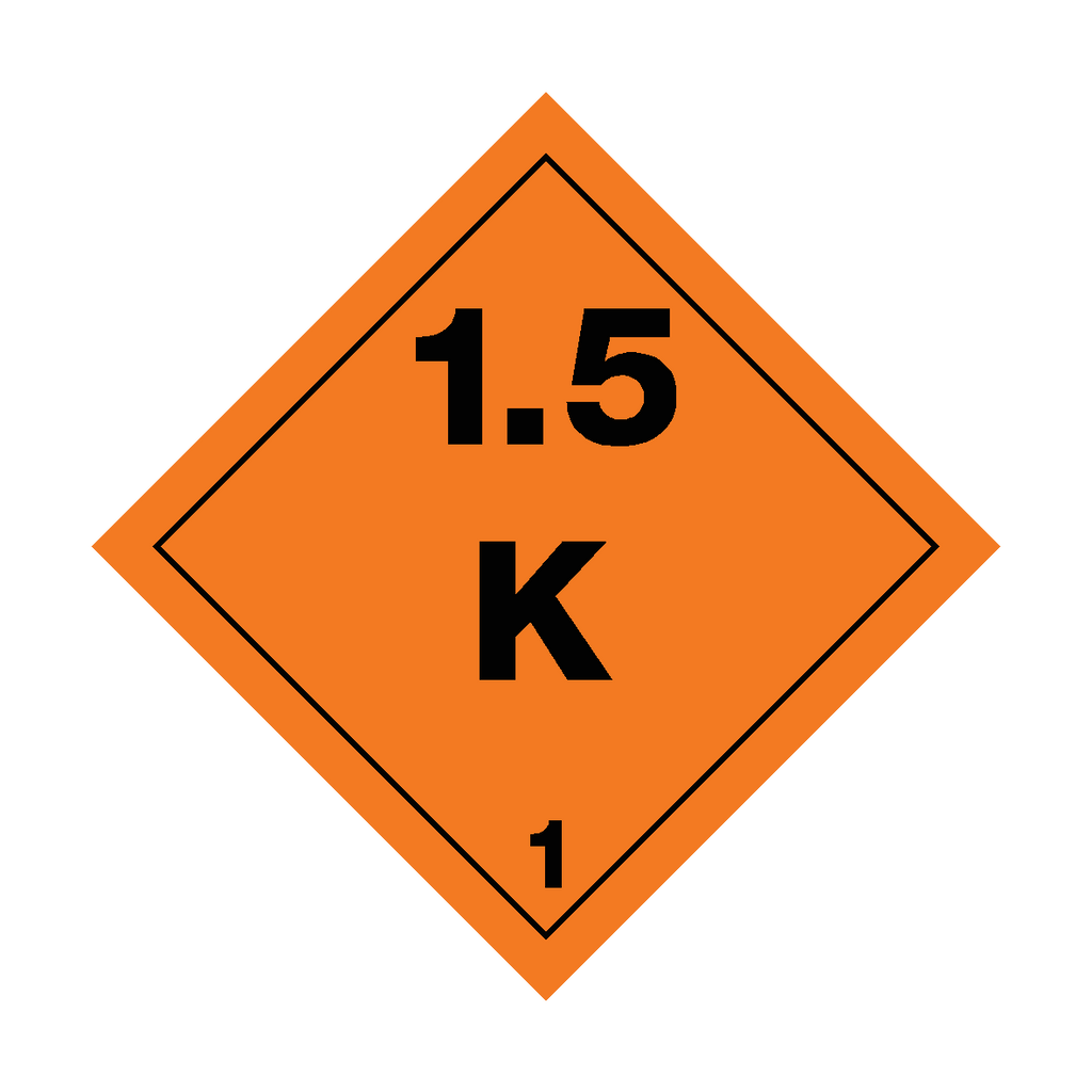 Self-adhesive Class 1.5 Explosives K sticker from Safety-Label.co.uk, featuring hazard warning design and bold lettering.