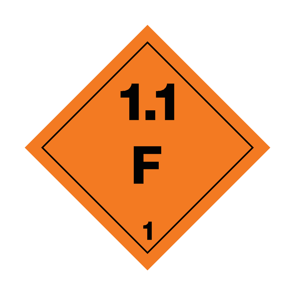 Self-adhesive Class 1.1 Explosives F sticker from Safety-Label.co.uk showing bold warning text and safety symbols