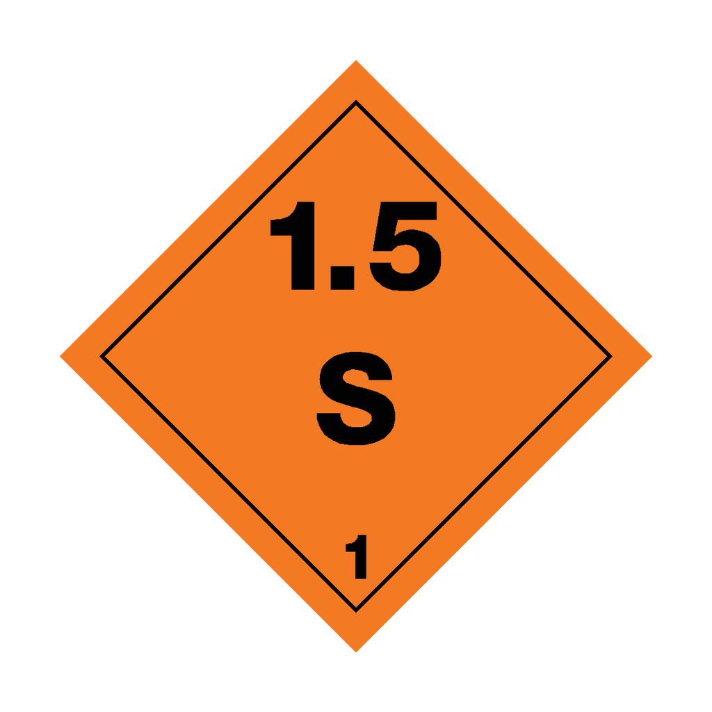Self-adhesive Class 1.5 Explosives S Sticker from Safety-Label.co.uk showing clear warning symbols and bold text on a white background.