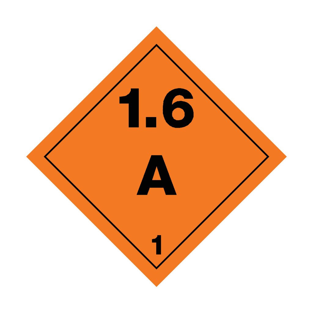 Self-adhesive Class 1.6 Explosives sticker from Safety-Label.co.uk featuring clear warning text and safety symbols.