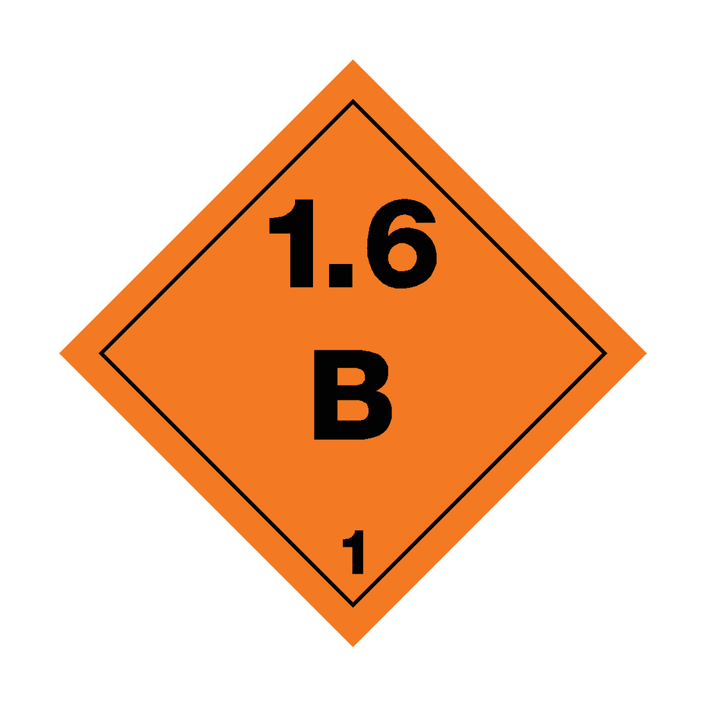 Self-adhesive Class 1.6 Explosives B sticker from Safety-Label.co.uk showing warning symbol and safety information.