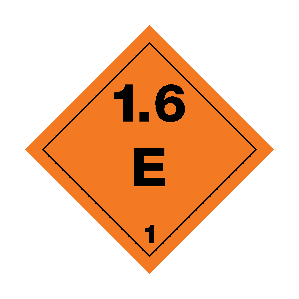 Self-adhesive Class 1.6 Explosives E safety sticker from Safety-Label.co.uk, with warning text and hazard symbols.