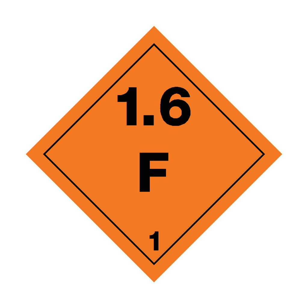 Self-adhesive Class 1.6 Explosives F sticker from Safety-Label.co.uk, featuring bold warning text on a bright background.
