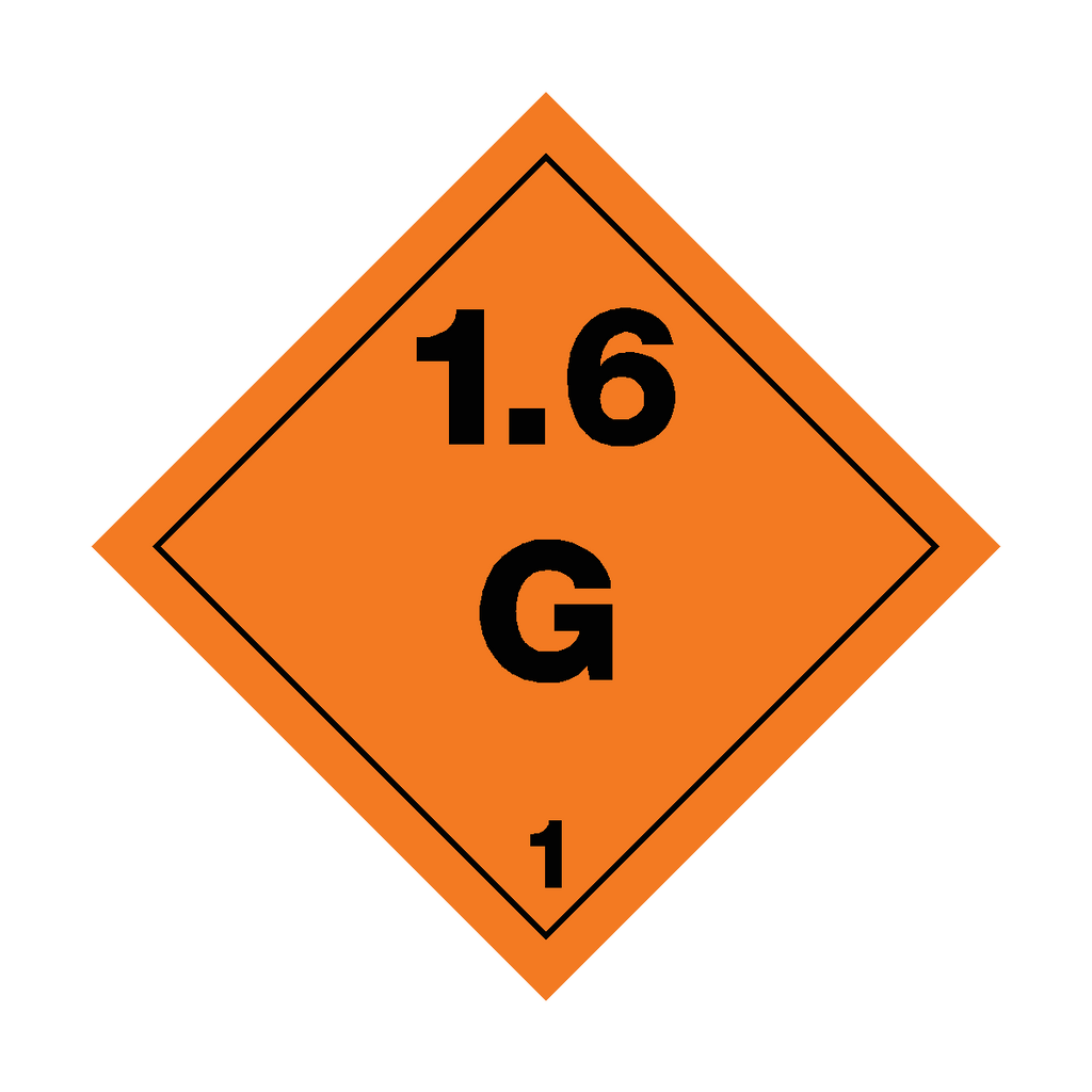 Self-adhesive Class 1.6 Explosives G sticker with safety label design by Safety-Label.co.uk, for warning and identification.