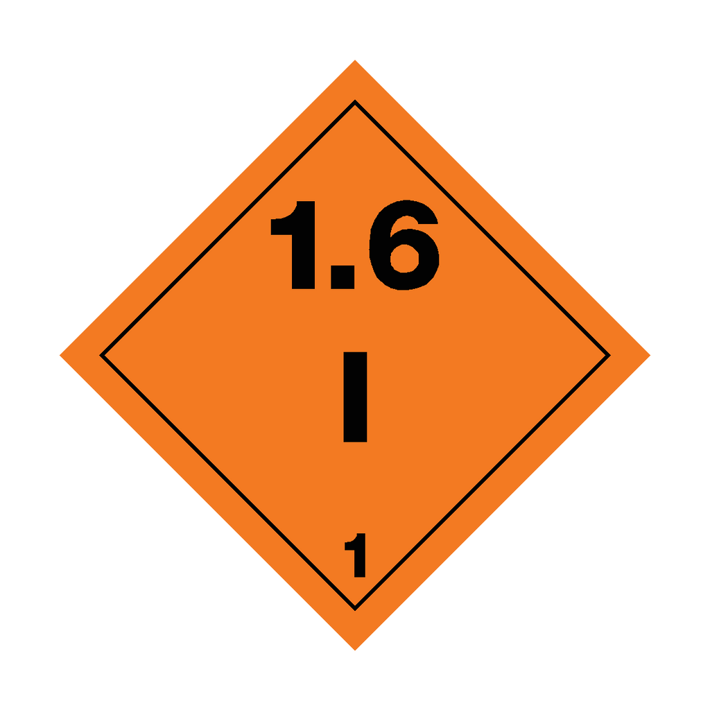 Self-adhesive Class 1.6 Explosives I safety sticker from Safety-Label.co.uk, featuring warning symbols and bold text.