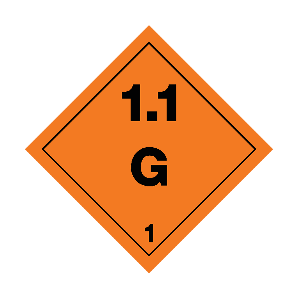 Self-adhesive Class 1.1 Explosives G sticker from Safety-Label.co.uk, featuring warning symbols and bold text for safety signage.