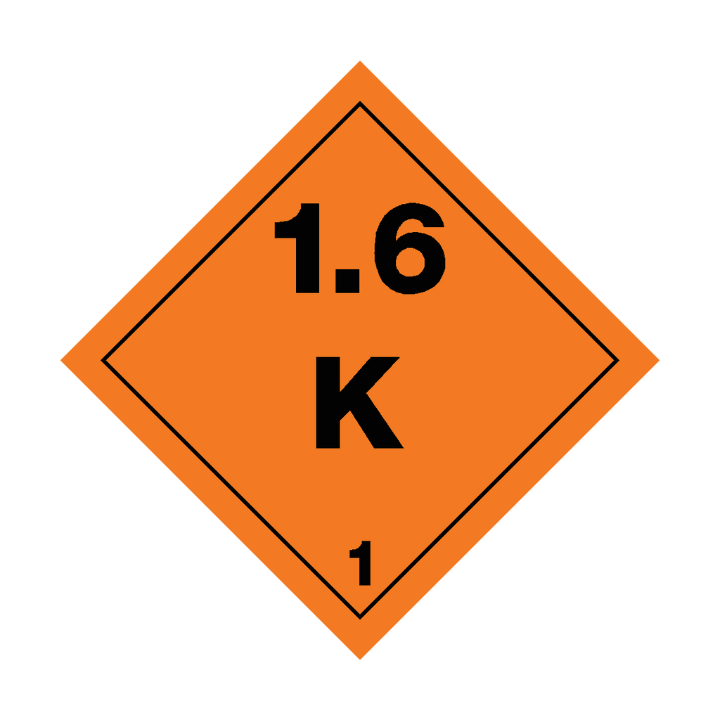 Self-adhesive Class 1.6 Explosives K sticker with safety warning text, designed for labeling explosive materials.
