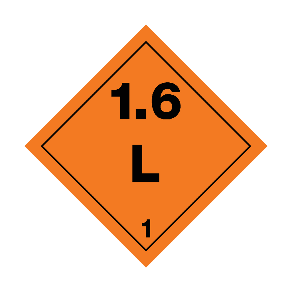Self-adhesive Class 1.6 Explosives L sticker from Safety-Label.co.uk showing a warning label with bold text and safety symbols.