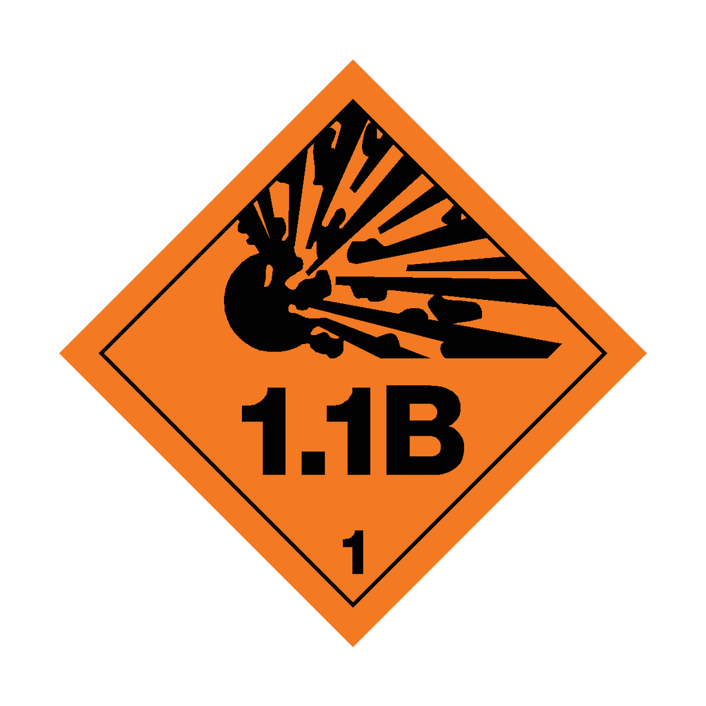 Self-adhesive Class 1.1B Explosive safety sticker by Safety-Label.co.uk with bold warning text on a bright background.