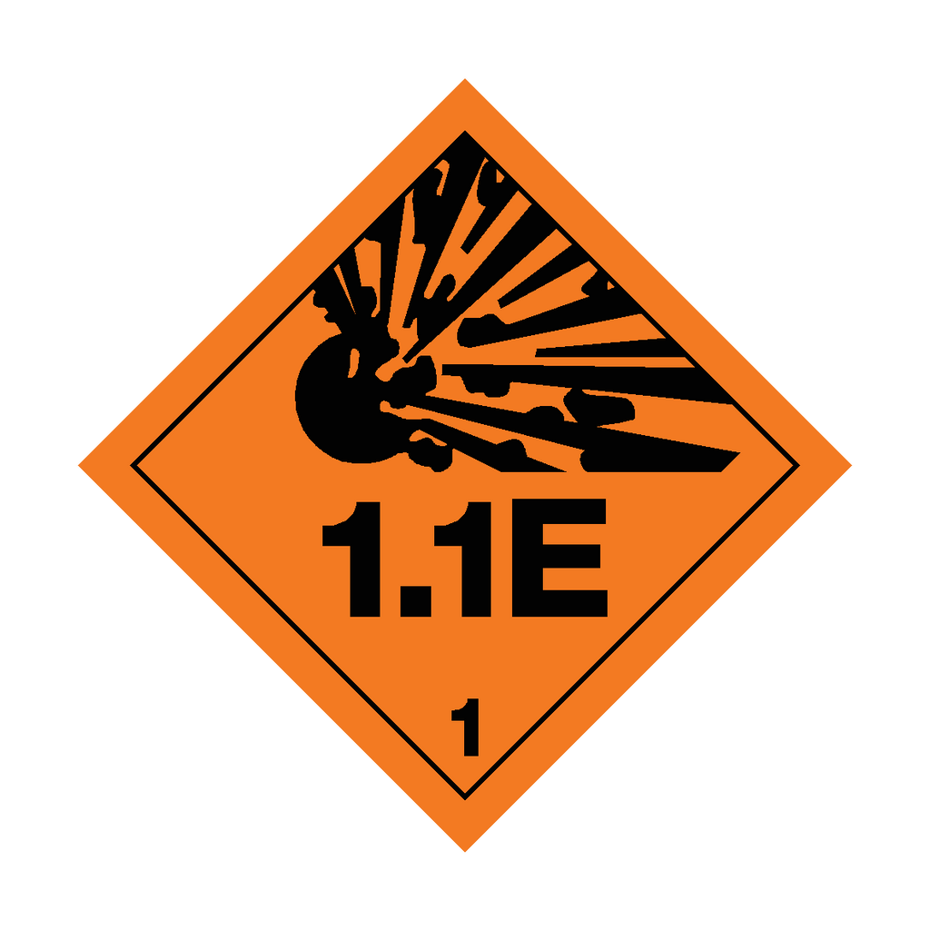 Self-adhesive Class 1.1E Explosive safety sticker by Safety-Label.co.uk showing a warning symbol on a bright background.