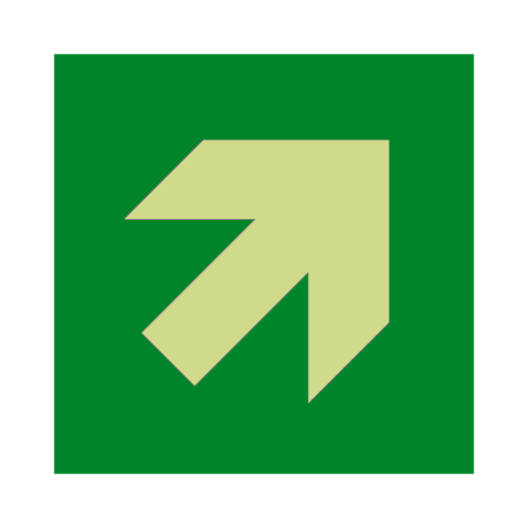 Photoluminescent arrow up right sticker from Safety-Label.co.uk showing glowing directional signage on a white background.