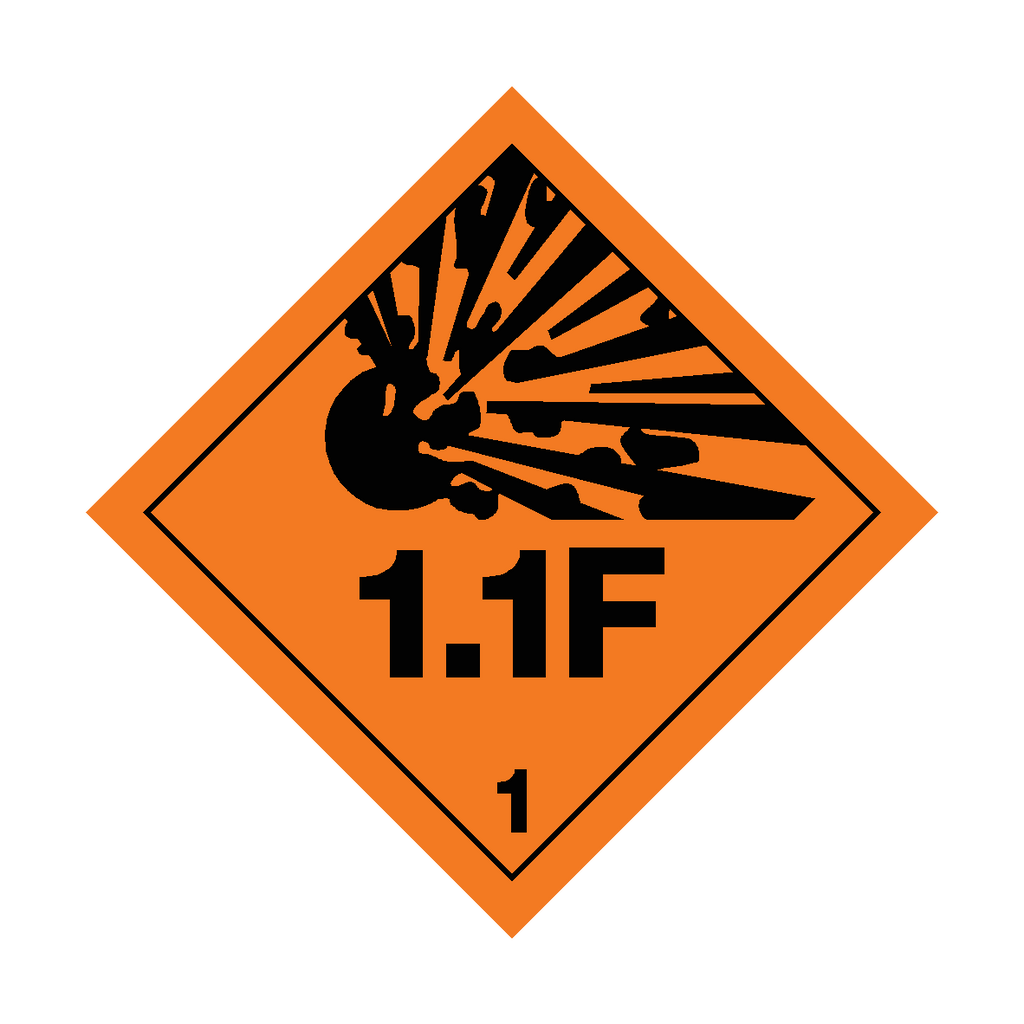Self-adhesive Class 1.1F explosive warning sticker from Safety-Label.co.uk with bold hazard symbols and clear safety message.
