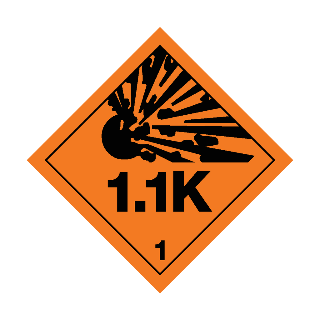 Self-adhesive Class 1.1K Explosive sticker from Safety-Label.co.uk, featuring a warning symbol on a white background.