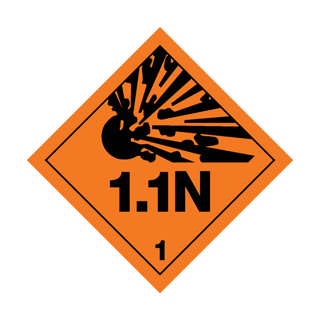 Self-adhesive Class 1.1N explosive safety sticker from Safety-Label.co.uk with warning symbols and bold text