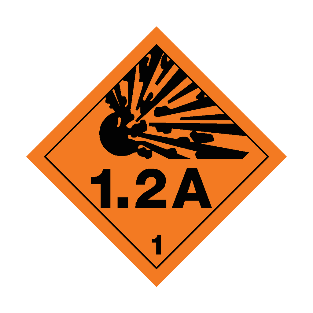 Self-adhesive Class 1.2A Explosive sticker with bold red and white warning design from Safety-Label.co.uk.