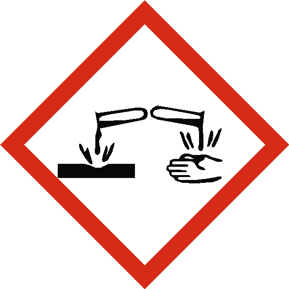 Self-adhesive Corrosive COSHH symbol sticker pack with 12 safety labels from Safety-Label.co.uk, featuring a corrosive substance warning icon.