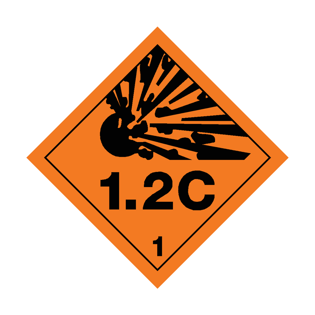Self-adhesive Class 1.2C Explosive Sticker with hazard warning label from Safety-Label.co.uk, featuring hazard symbols and clear text.