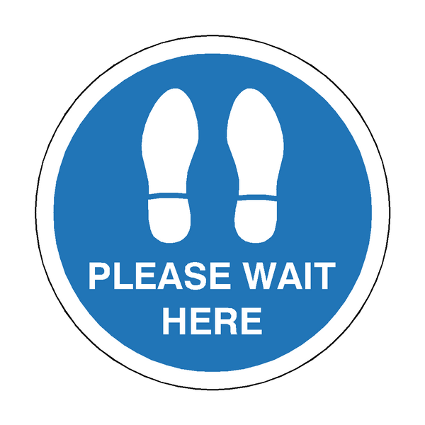 Please Wait Here Floor Sticker - Blue | Safety-Label.co.uk