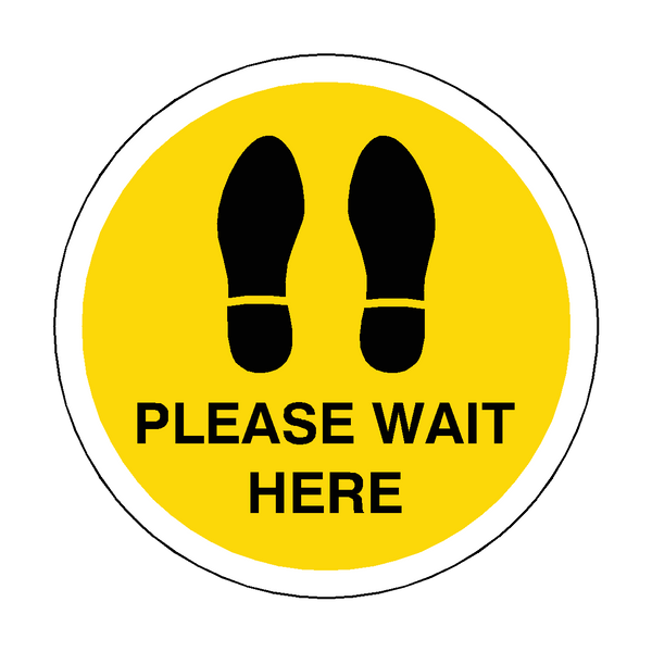 Please Wait Here Floor Sticker - Yellow | Safety-Label.co.uk