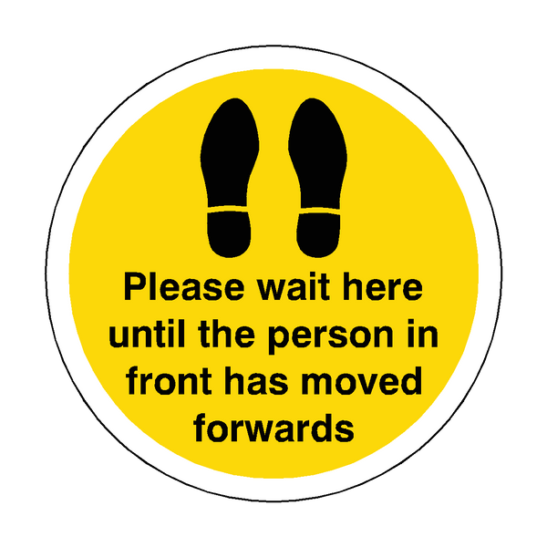 Please Wait Until Person In Front Has Moved Floor Sticker - Yellow | Safety-Label.co.uk