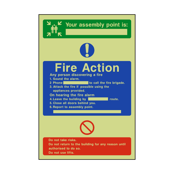 Assembly Point Fire Action Photoluminescent Sticker | Safety-Label.co.uk