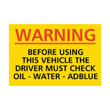 Check Oil, Water and AdBlue Sticker | Safety-Label.co.uk