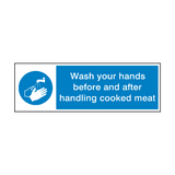 Wash Your Hands Handle Cooked Meat Sign | Safety-Label.co.uk