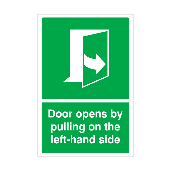 Door Opens By Pulling On The Left-hand Side Sticker | Safety-Label.co.uk